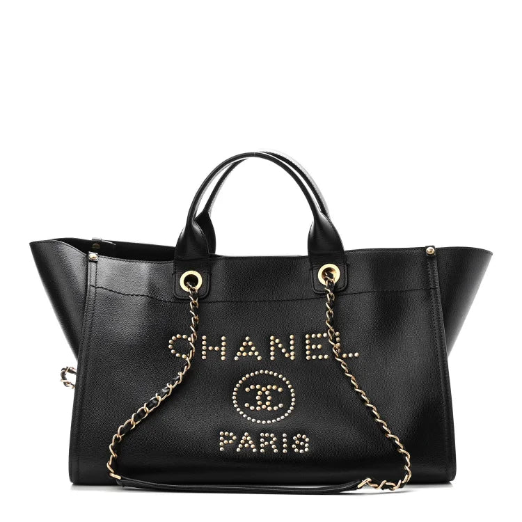 cc Caviar Medium Studded Deauville Tote Black