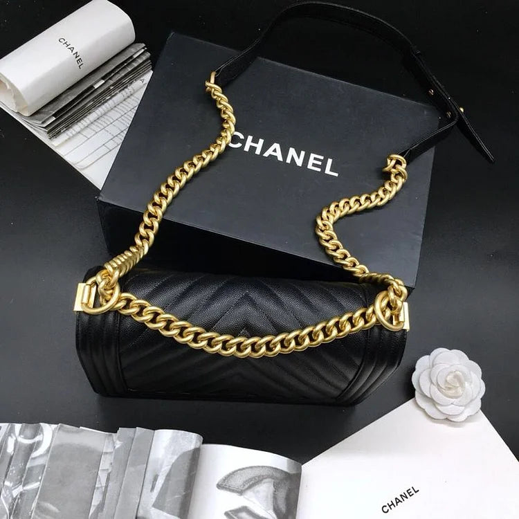 CC 25.5cm Boy Handbag Black Grained Calfskin Gold Tone Metal Caviar leather