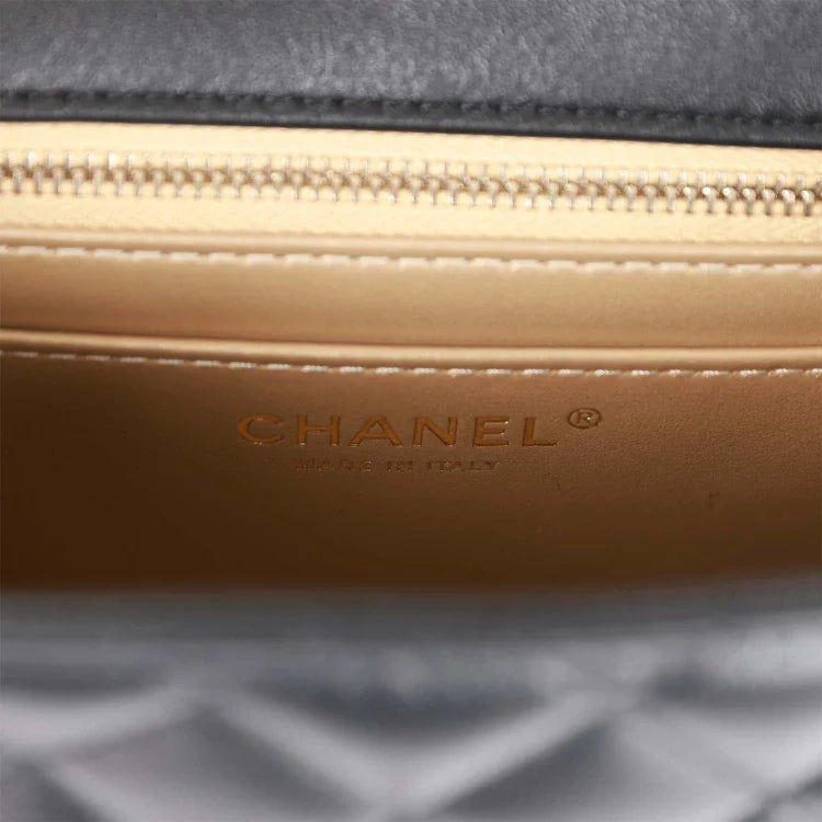 CC Pearl Crush Mini Square Flap Bag Black Lambskin Light Gold Hardware