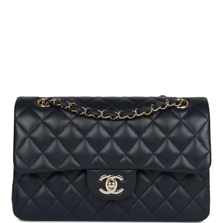 CC Small Classic Double Flap Navy Lambskin Light Gold Hardware