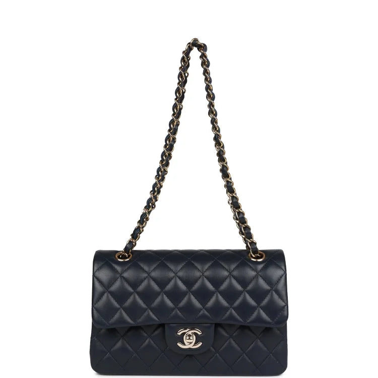 CC Small Classic Double Flap Navy Lambskin Light Gold Hardware