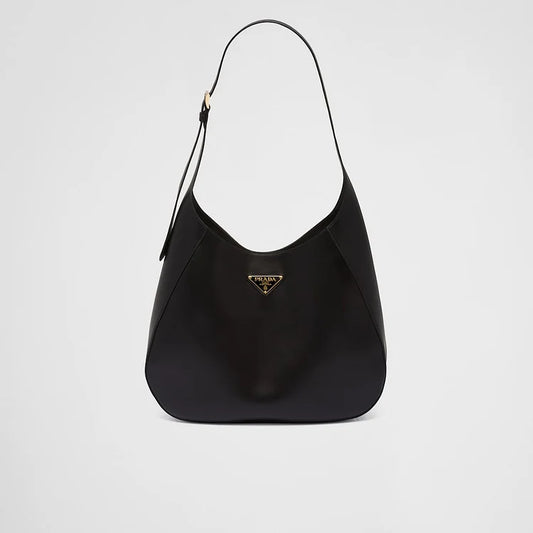 PP Large leather shoulder bag with topstitching – Black