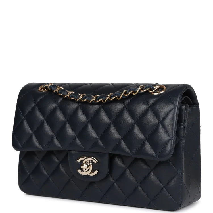 CC Small Classic Double Flap Navy Lambskin Light Gold Hardware
