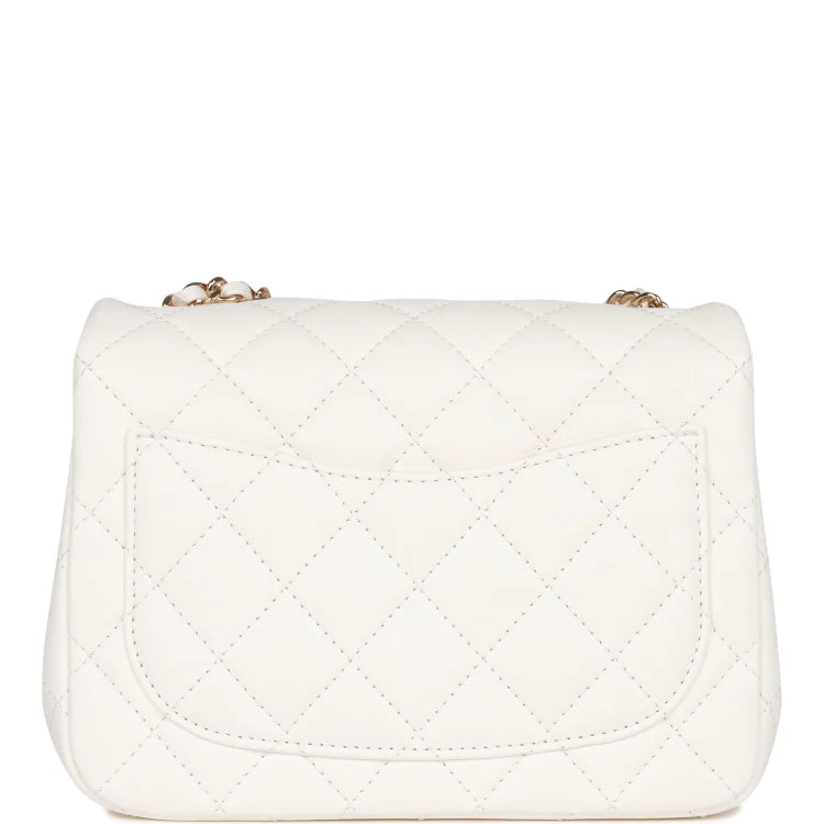 CC Pearl Crush Mini Square Flap Bag White Lambskin Light Gold Hardware