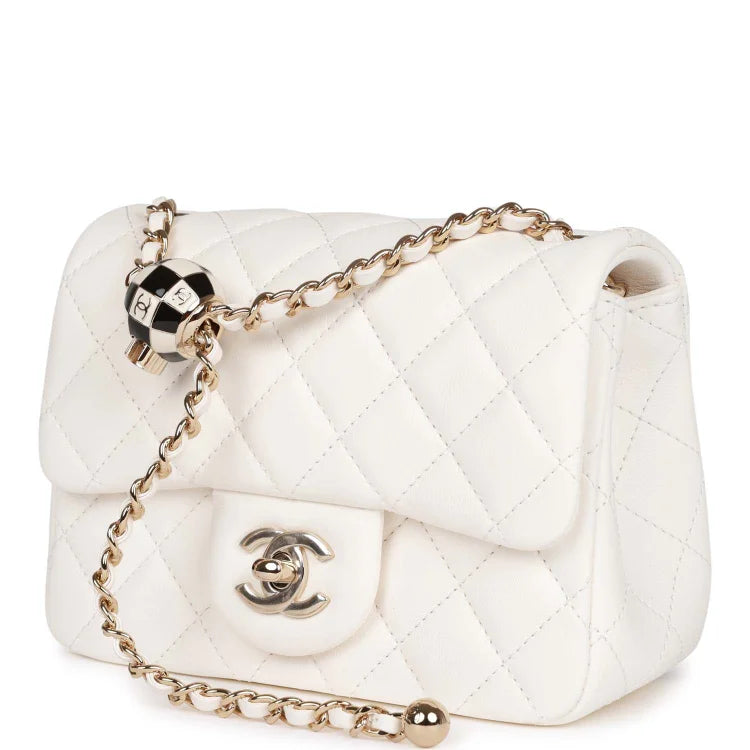 CC Pearl Crush Mini Square Flap Bag White Lambskin Light Gold Hardware