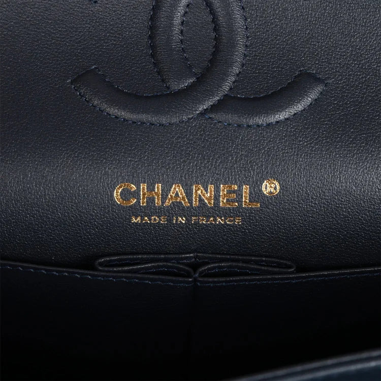 CC Small Classic Double Flap Navy Lambskin Light Gold Hardware
