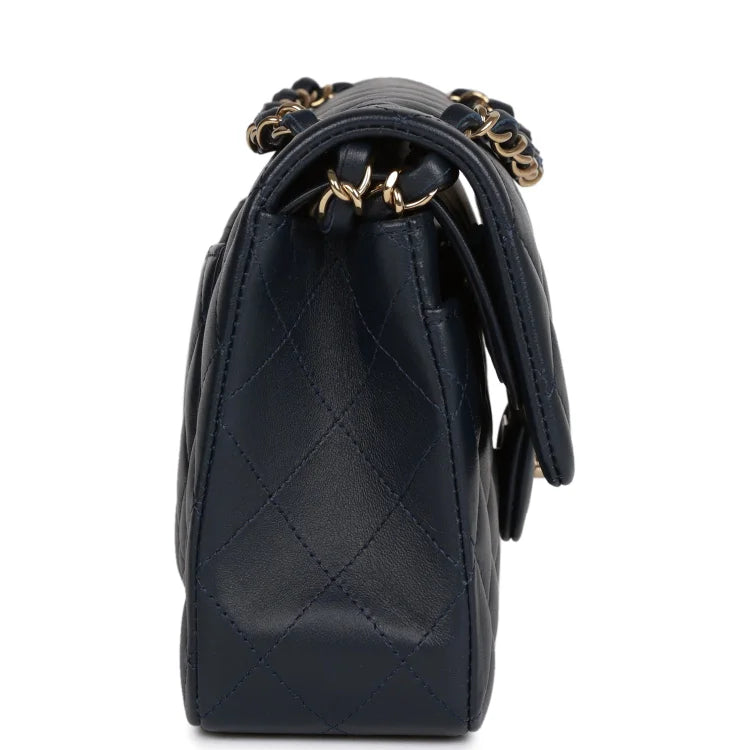 CC Small Classic Double Flap Navy Lambskin Light Gold Hardware