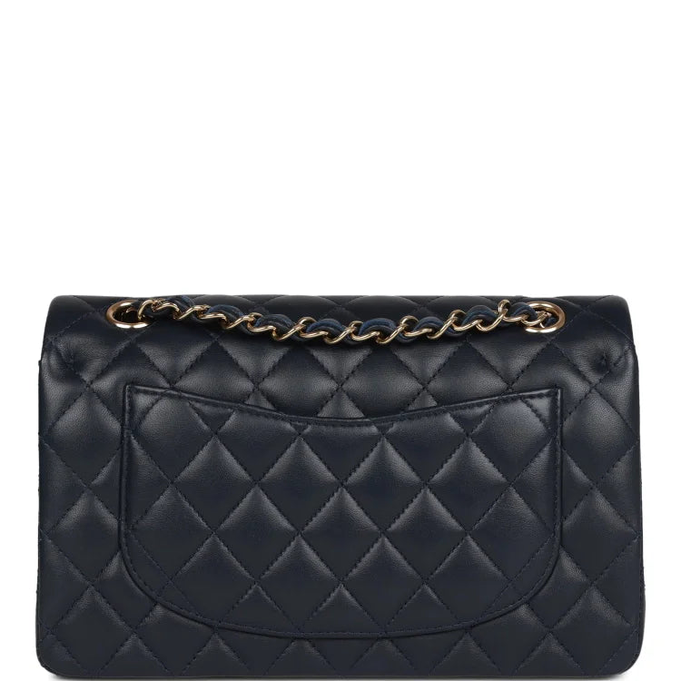 CC Small Classic Double Flap Navy Lambskin Light Gold Hardware