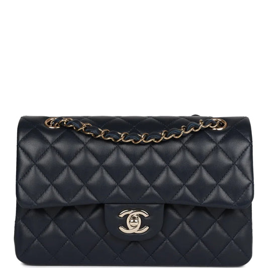 CC Small Classic Double Flap Navy Lambskin Light Gold Hardware
