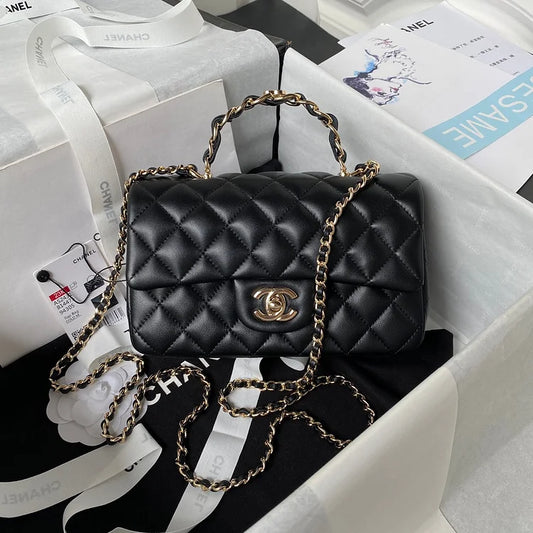 cc 23K AS2431 Mini flap Lambskin bag with top handle Black/white