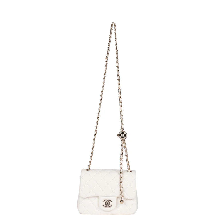 CC Pearl Crush Mini Square Flap Bag White Lambskin Light Gold Hardware